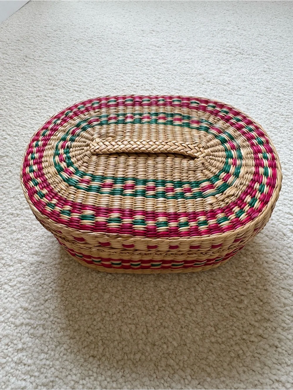Handwoven Natural Straw Basket with Pink & Green Accents